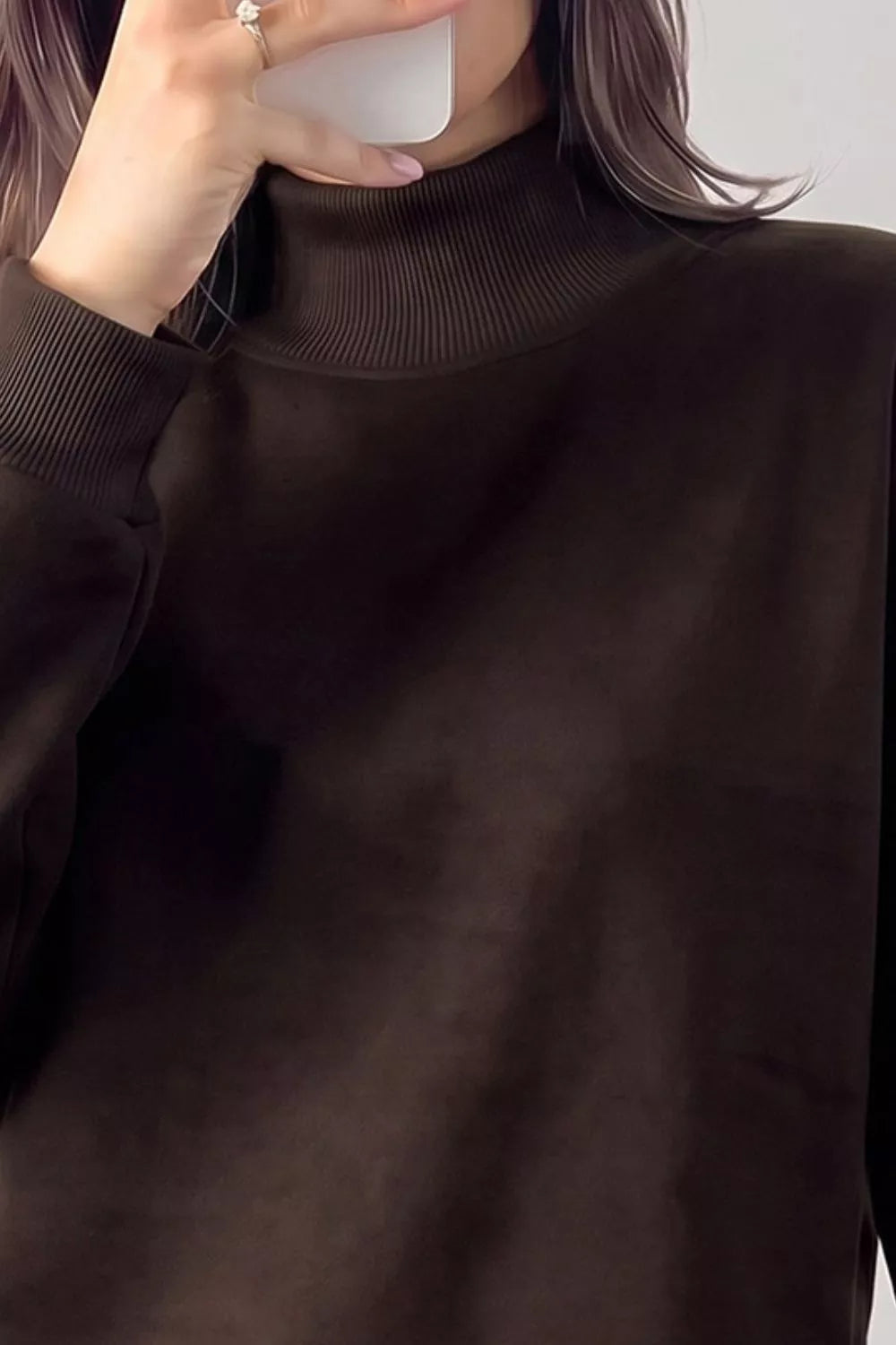 Women's Lace Hem Mock Neck Sweatshirt in Chocolate, back view