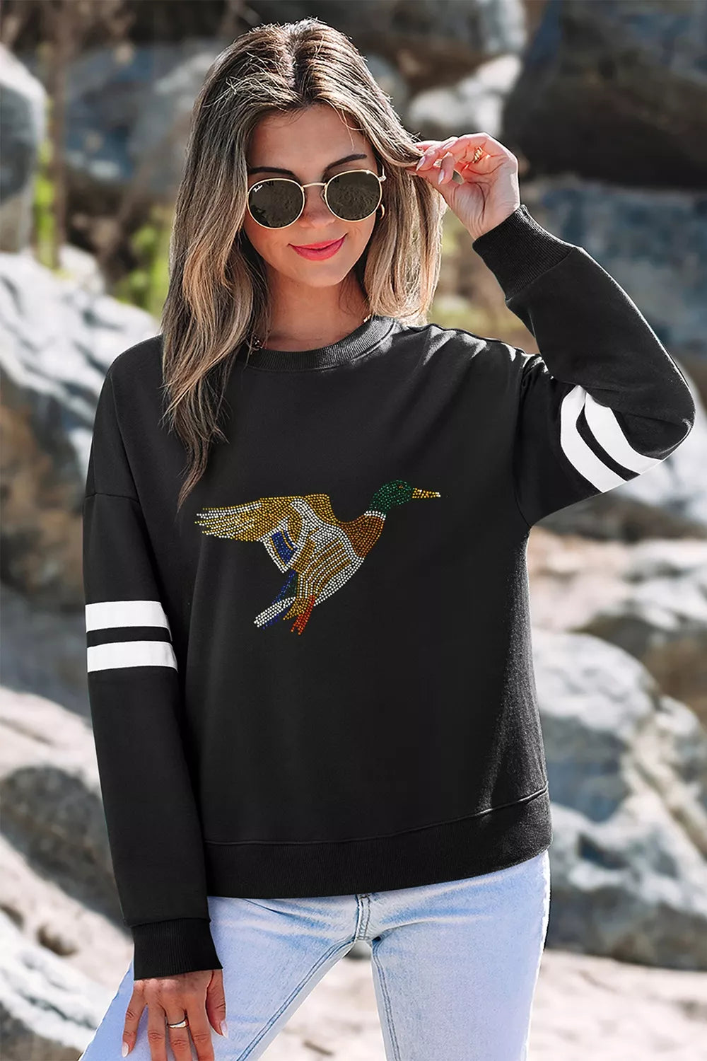 Black rhinestone mallard striped-sleeve sweatshirt, front styled view