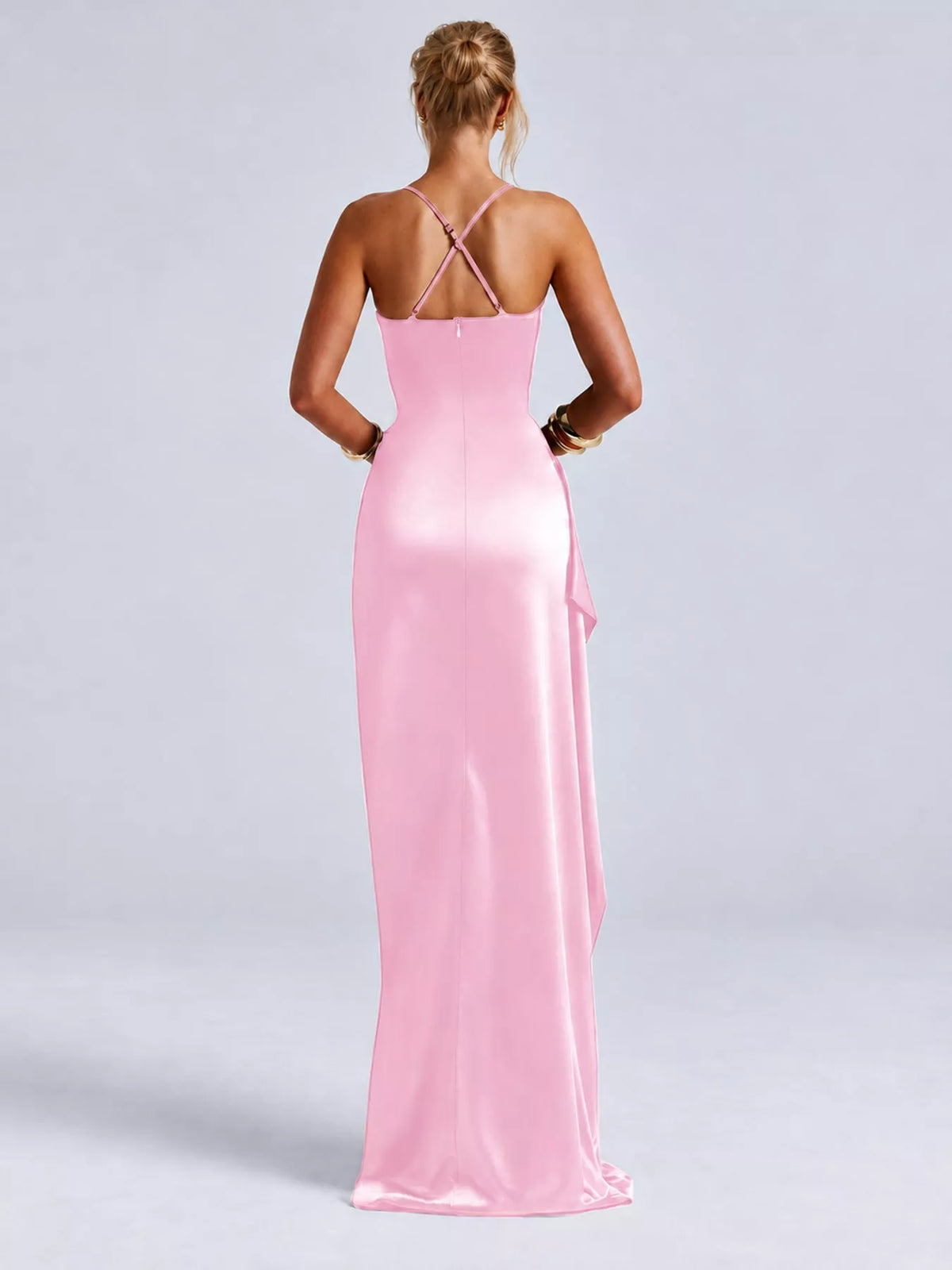 Pink satin ruched high slit maxi dress, back view