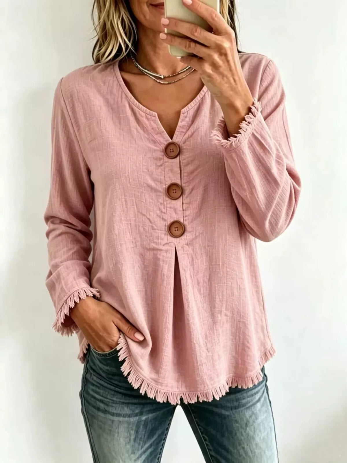 Pink Frayed-Hem Long Sleeve Button-Front Blouse front view