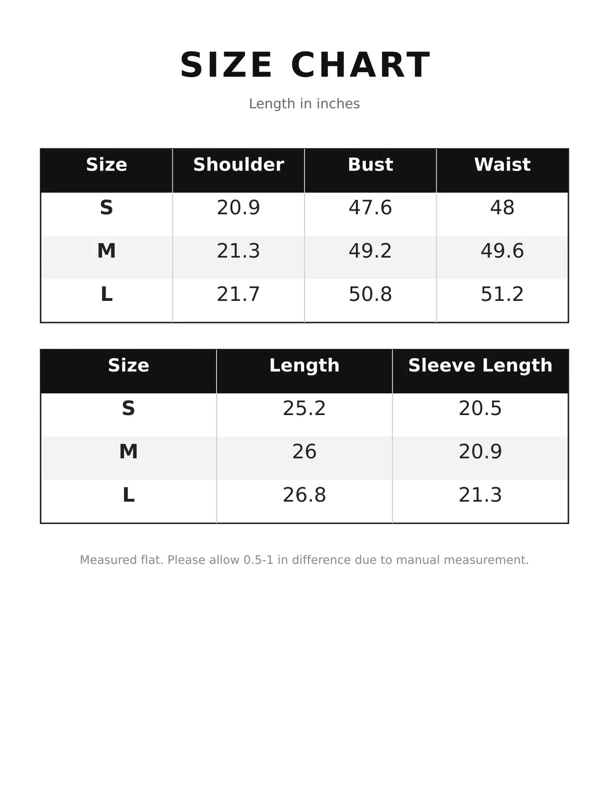Size chart for women's button down long sleeve shirt