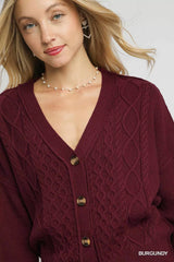 Trendsi Umgee Chunky Cable Knit V-Neck Button-Up Cardigan -