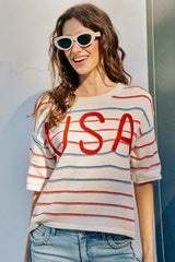 Trendsi SO ME Usa Stripe Knit Short Sleeves Sweater Top -
