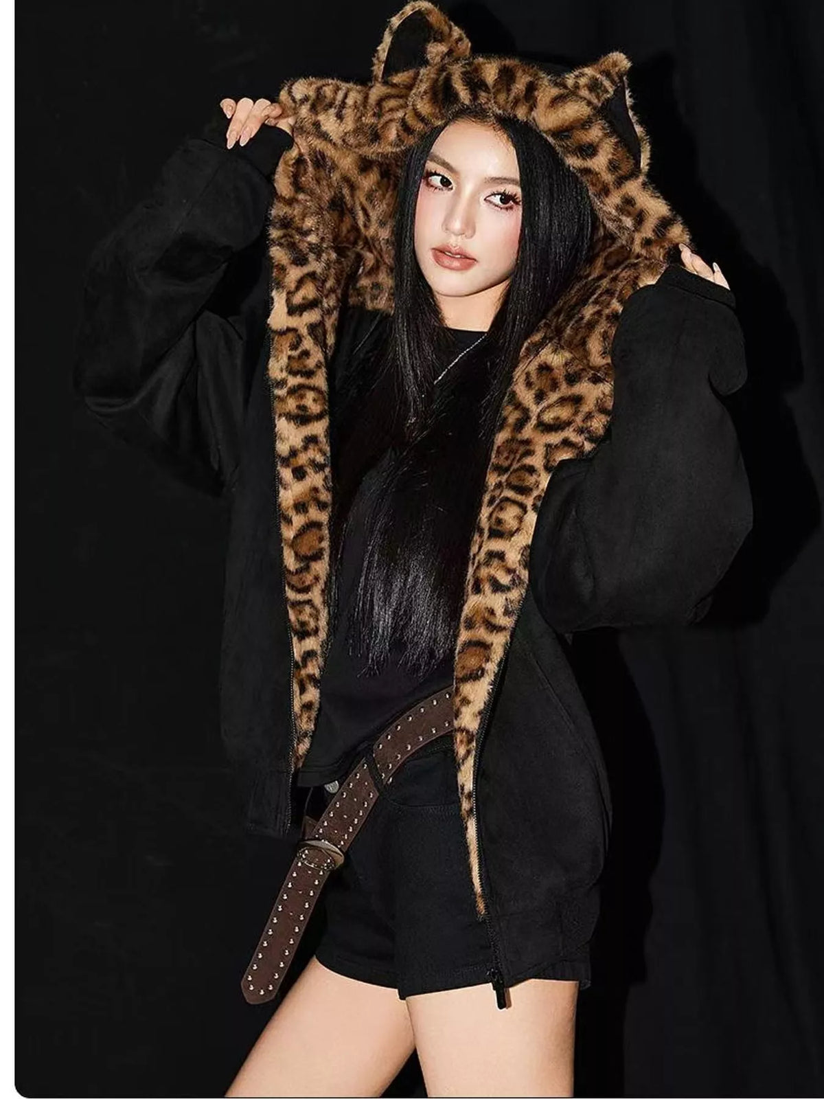 Leopard-Trim Faux Fur Hooded Zip-Up Jacket in black, front view