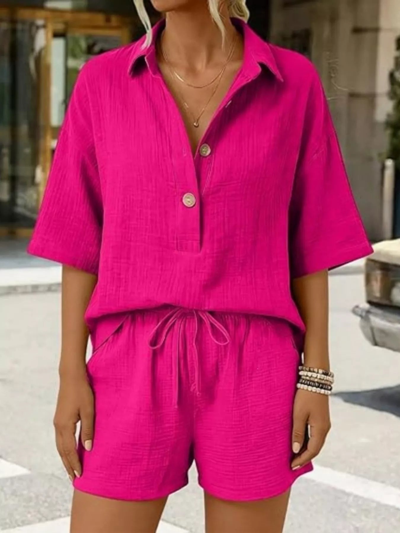 Trendsi Linen Button Front Short Sleeve Top and Shorts Set - Shorts