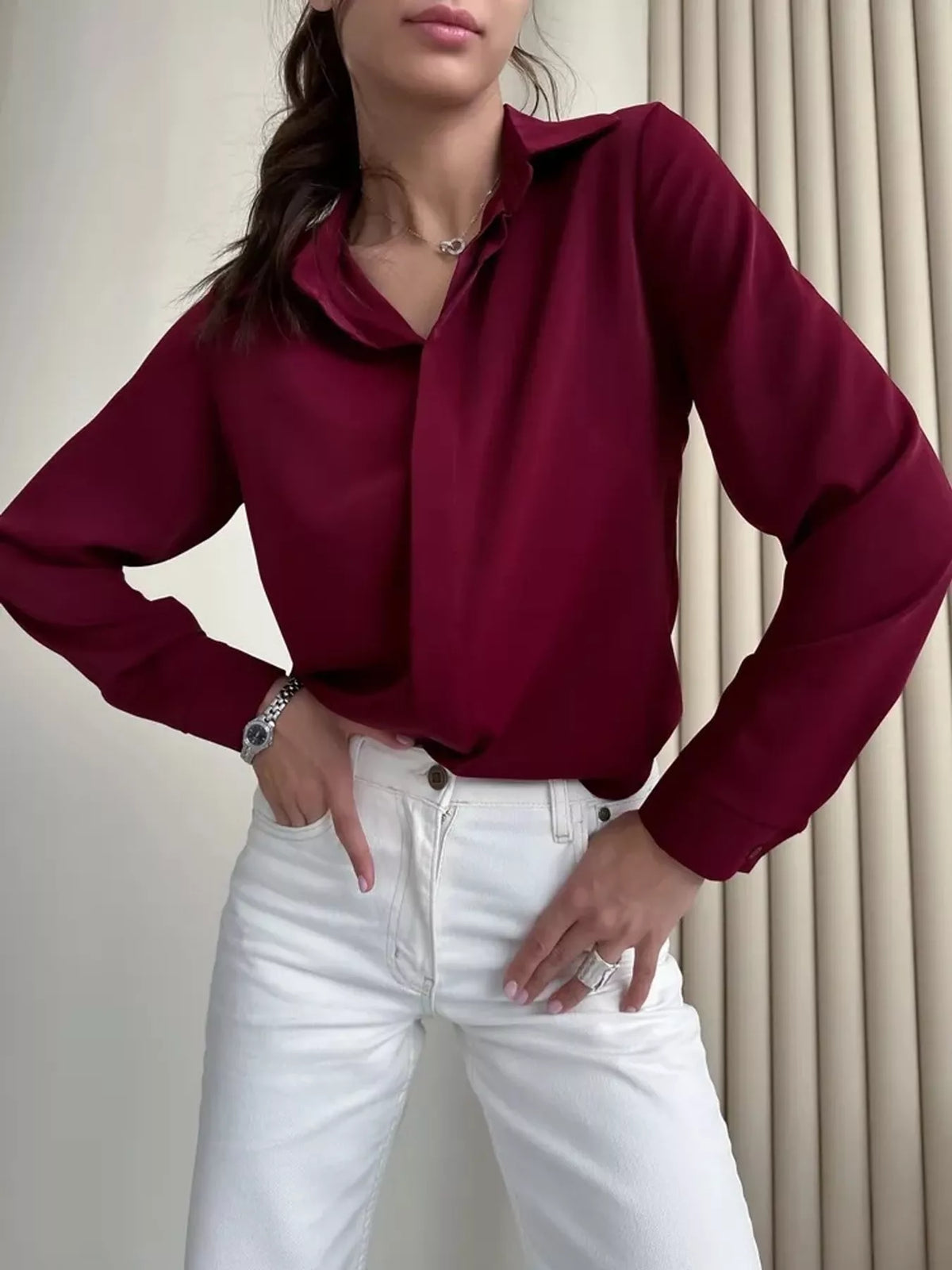 Button-up shirt, burgundy front