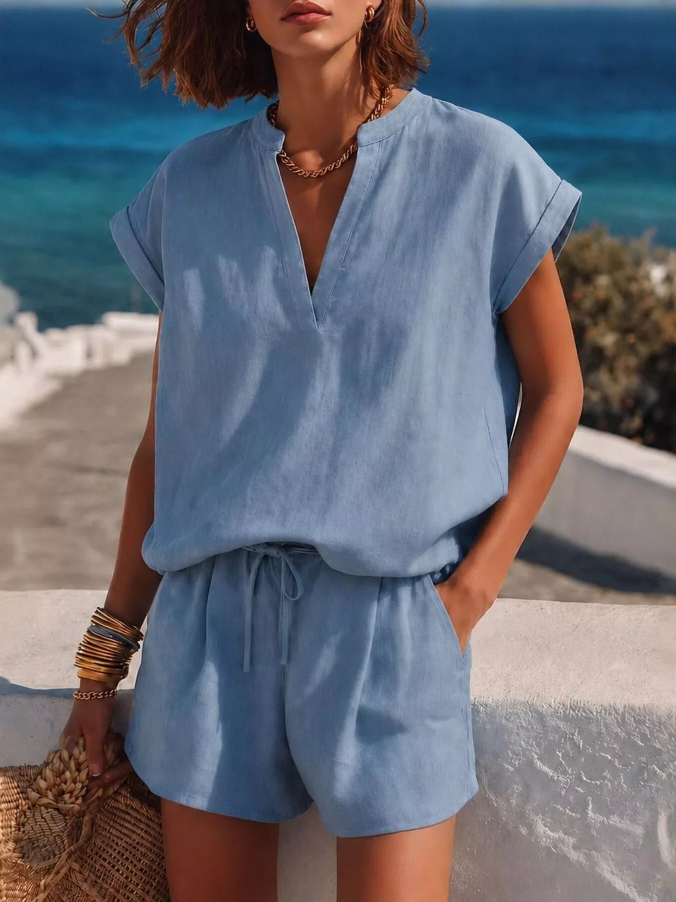 Trendsi Notched Short Sleeve Top and Shorts Set -