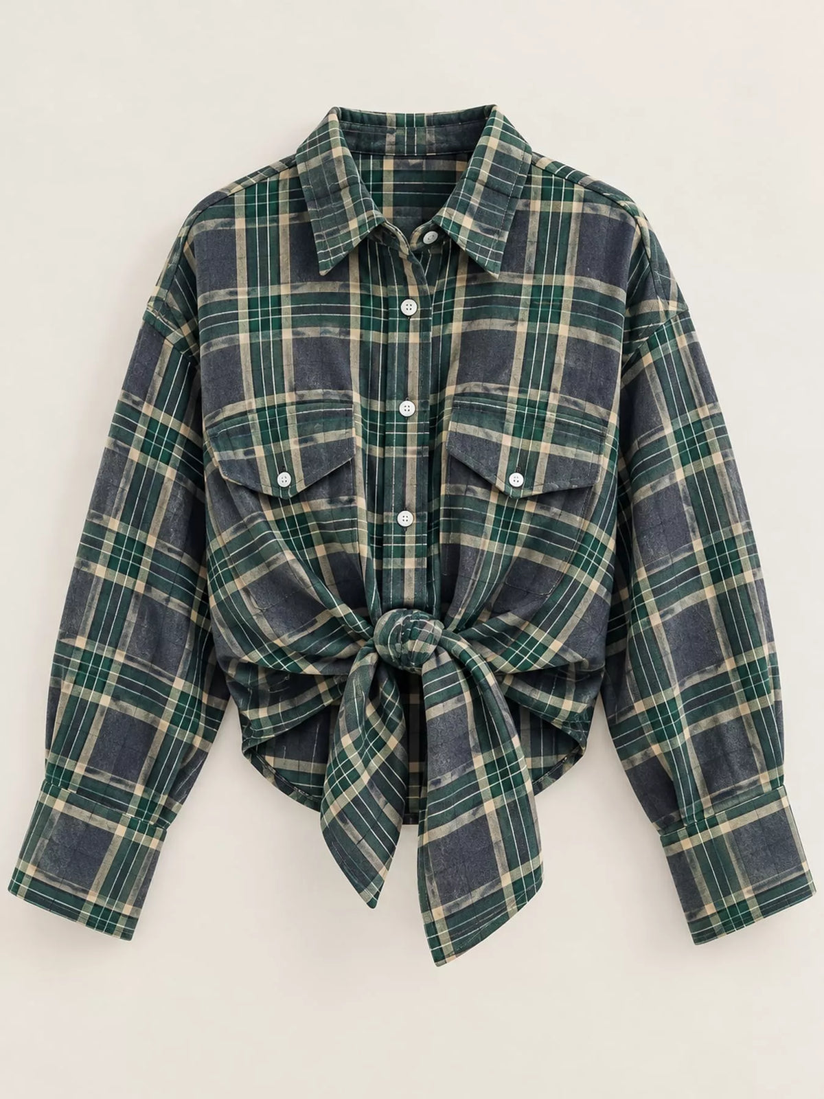 Green plaid button-up shirt with chest pockets