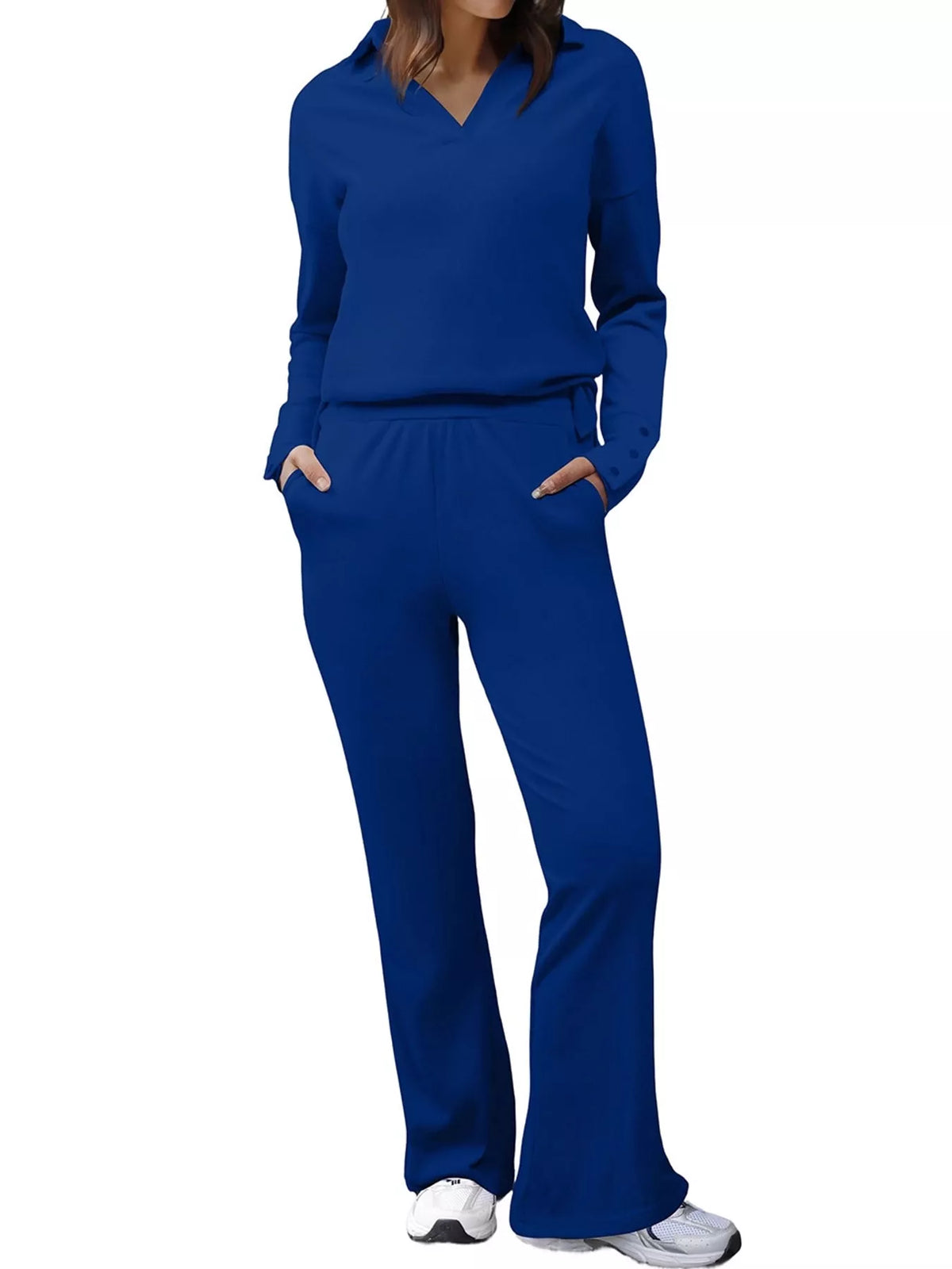 Long Sleeve Polo Collar Top and Pants Set — front view