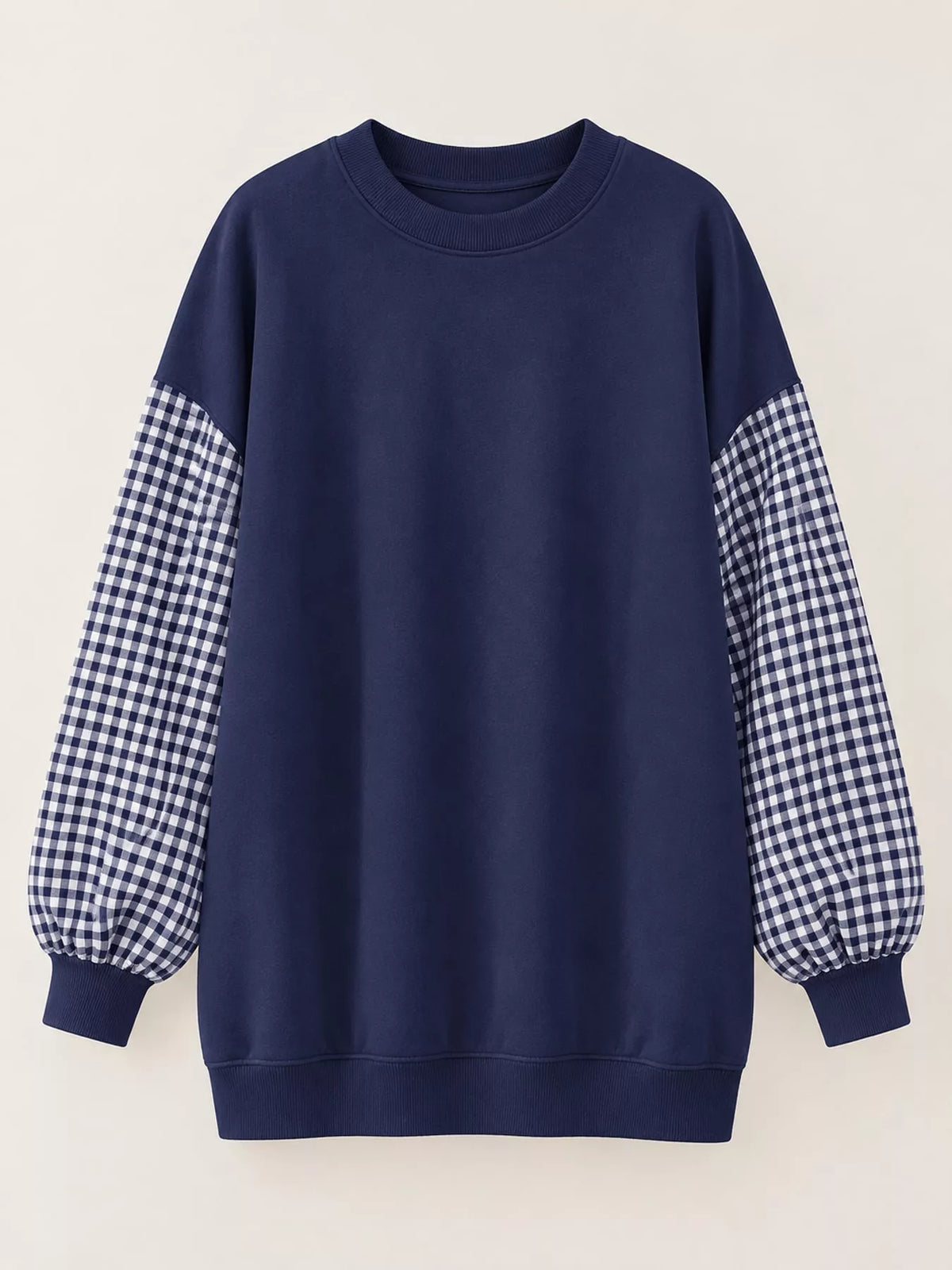 Navy blue and white gingham sleeve dropped shoulder sweatshirt, front view