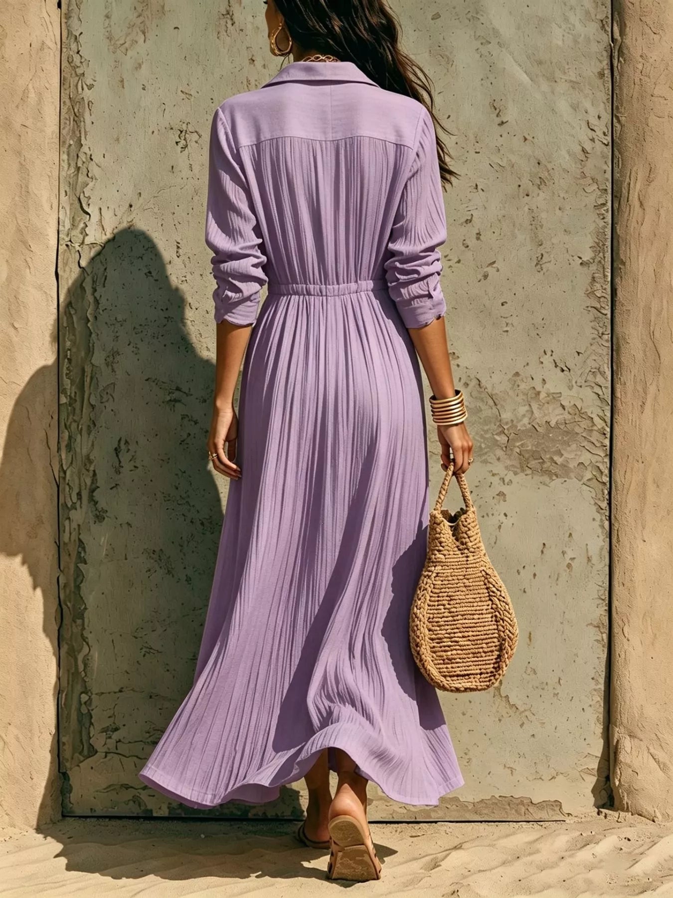 Trendsi Full Size Textured Button Front Long Sleeve Maxi Dress Plus Size -