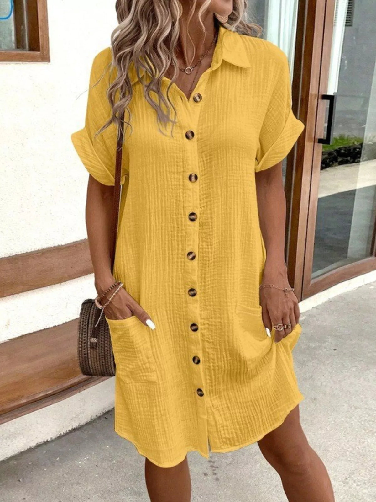 Yellow textured button-front shirt dress with pockets