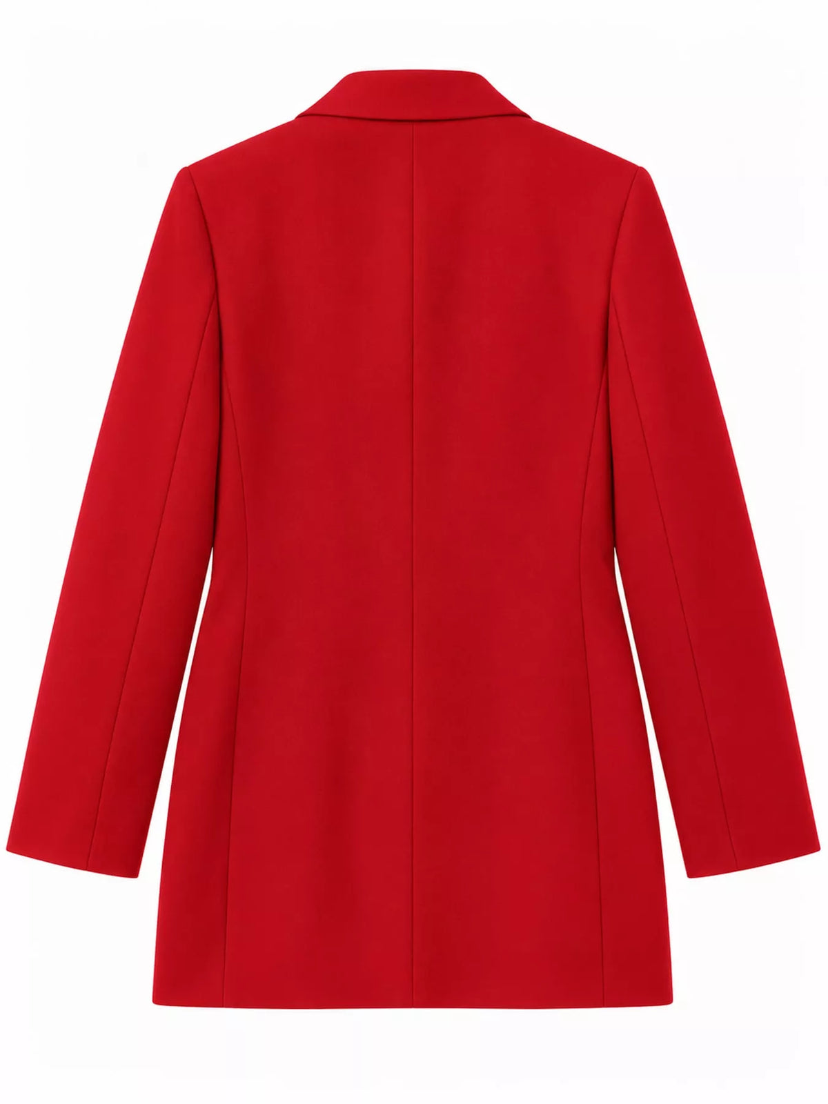 Red double-breasted lapel collar blazer, back view