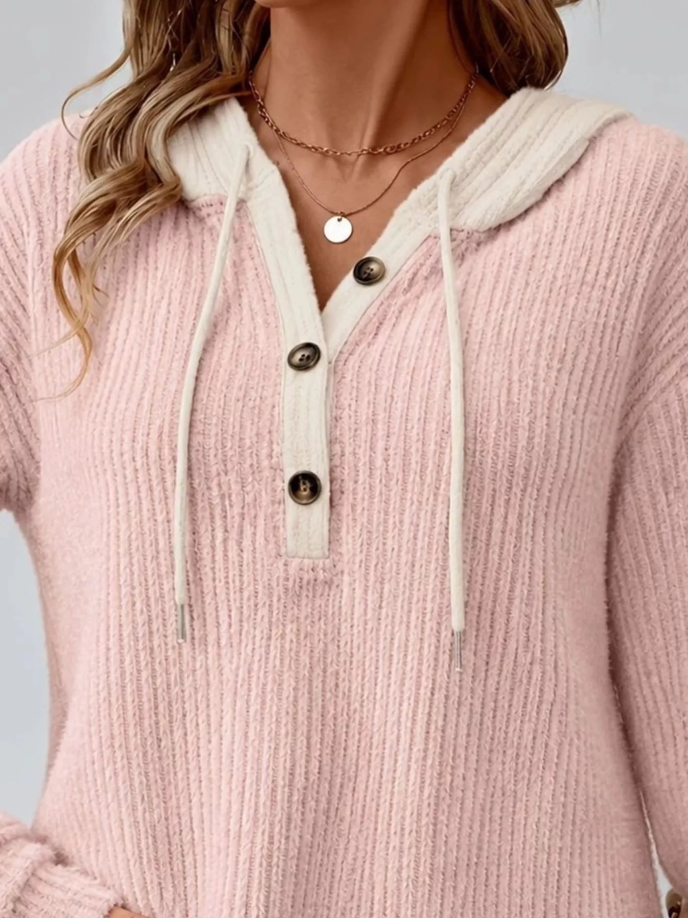 Trendsi Full Size Drawstring Button Detail Hooded Sweater Plus Size -