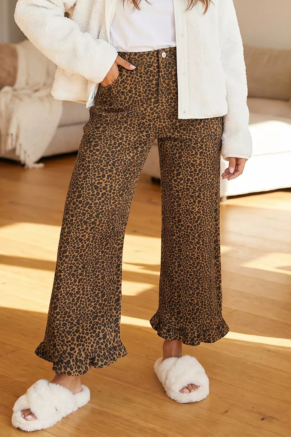 Leopard-print ruffle-hem jeans