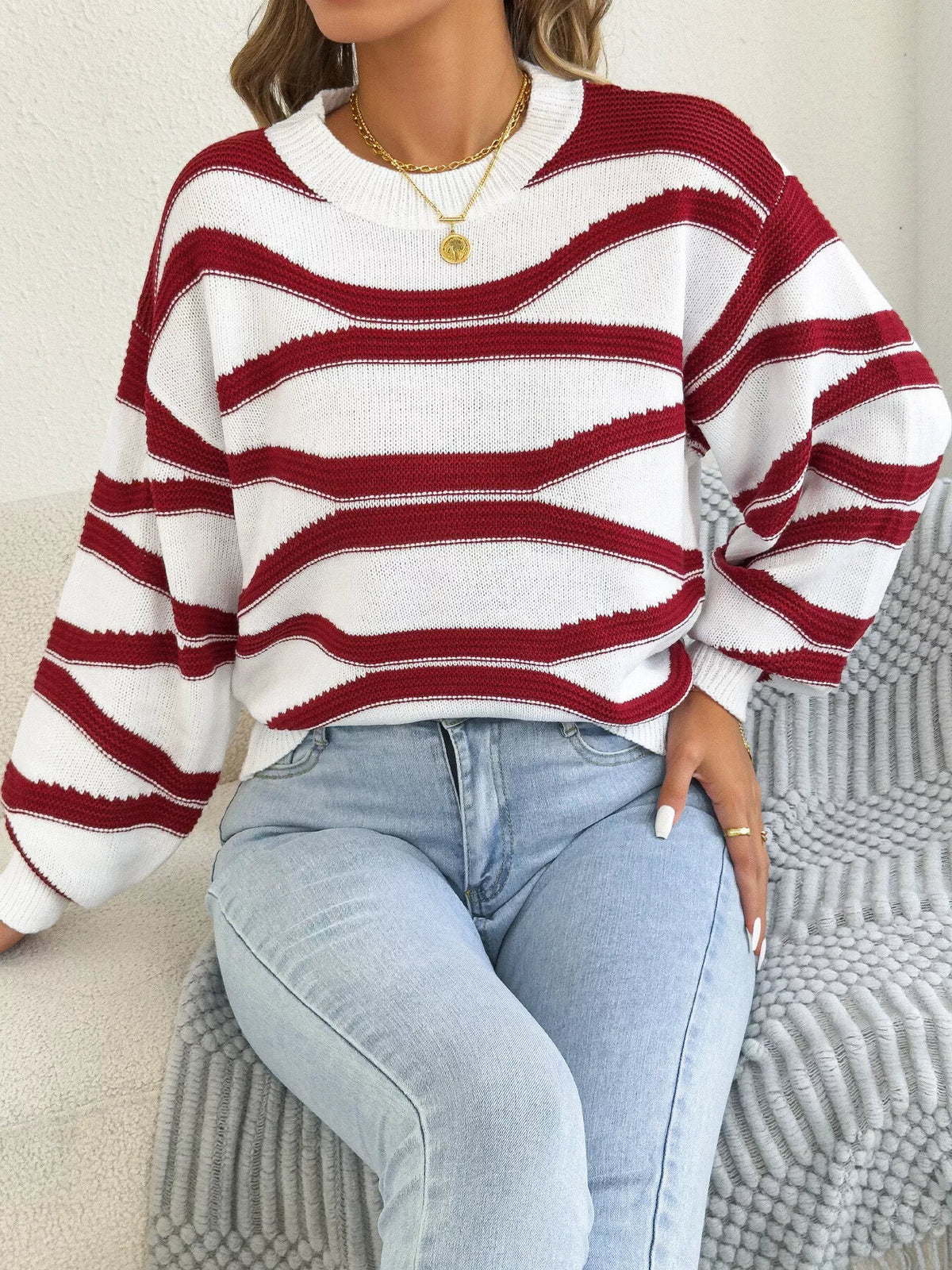 Wine Red striped crew neck sweater