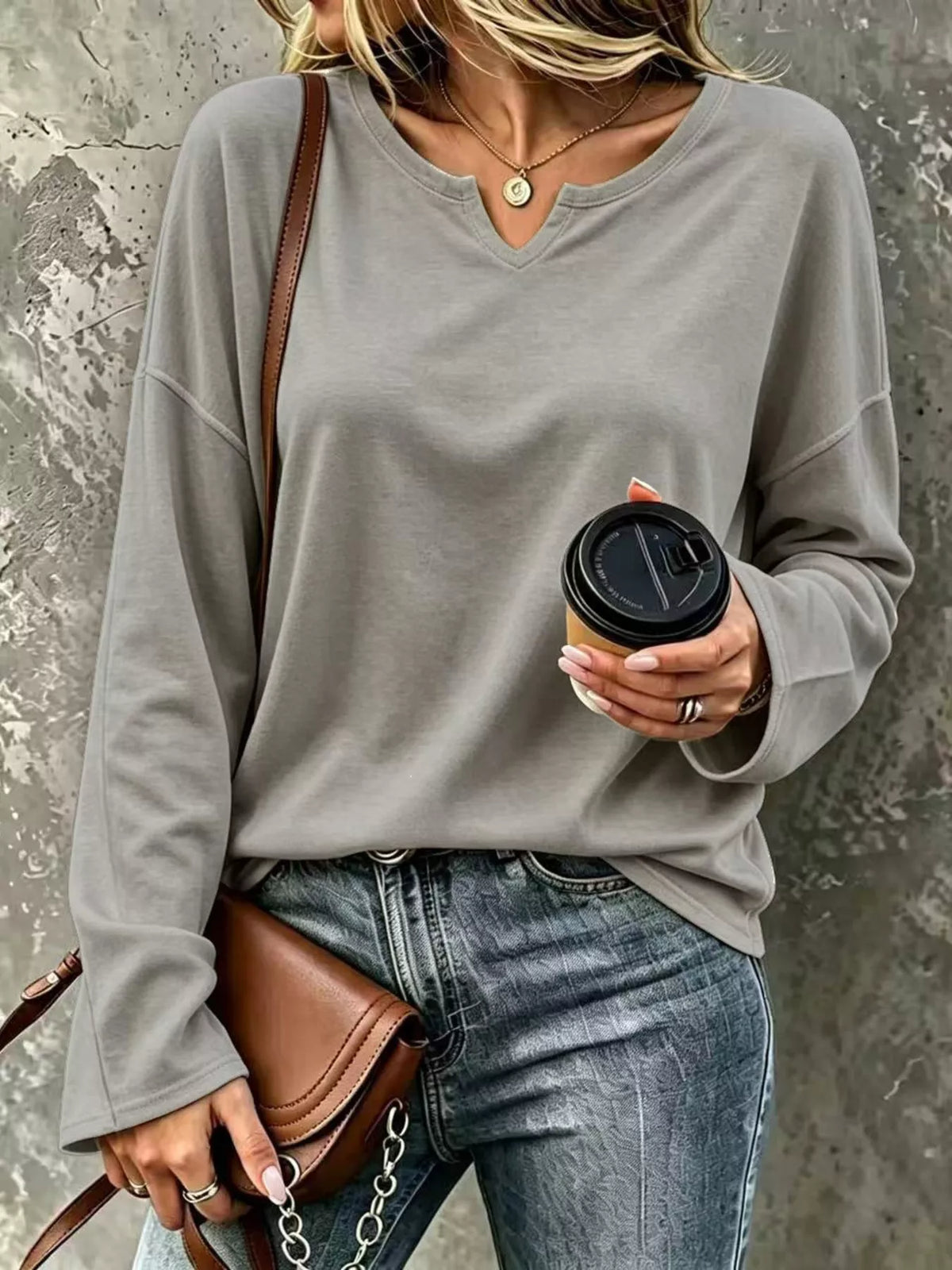 Gray Loose-Fit Notch Neck Long Sleeve T-Shirt front view