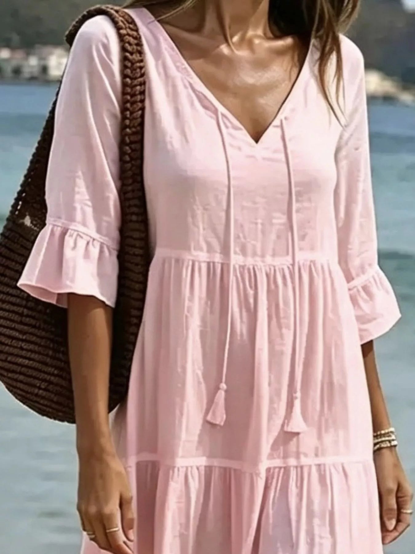 Trendsi Full Size Tiered Tie Neck Flounce Sleeve Dress Plus Size -
