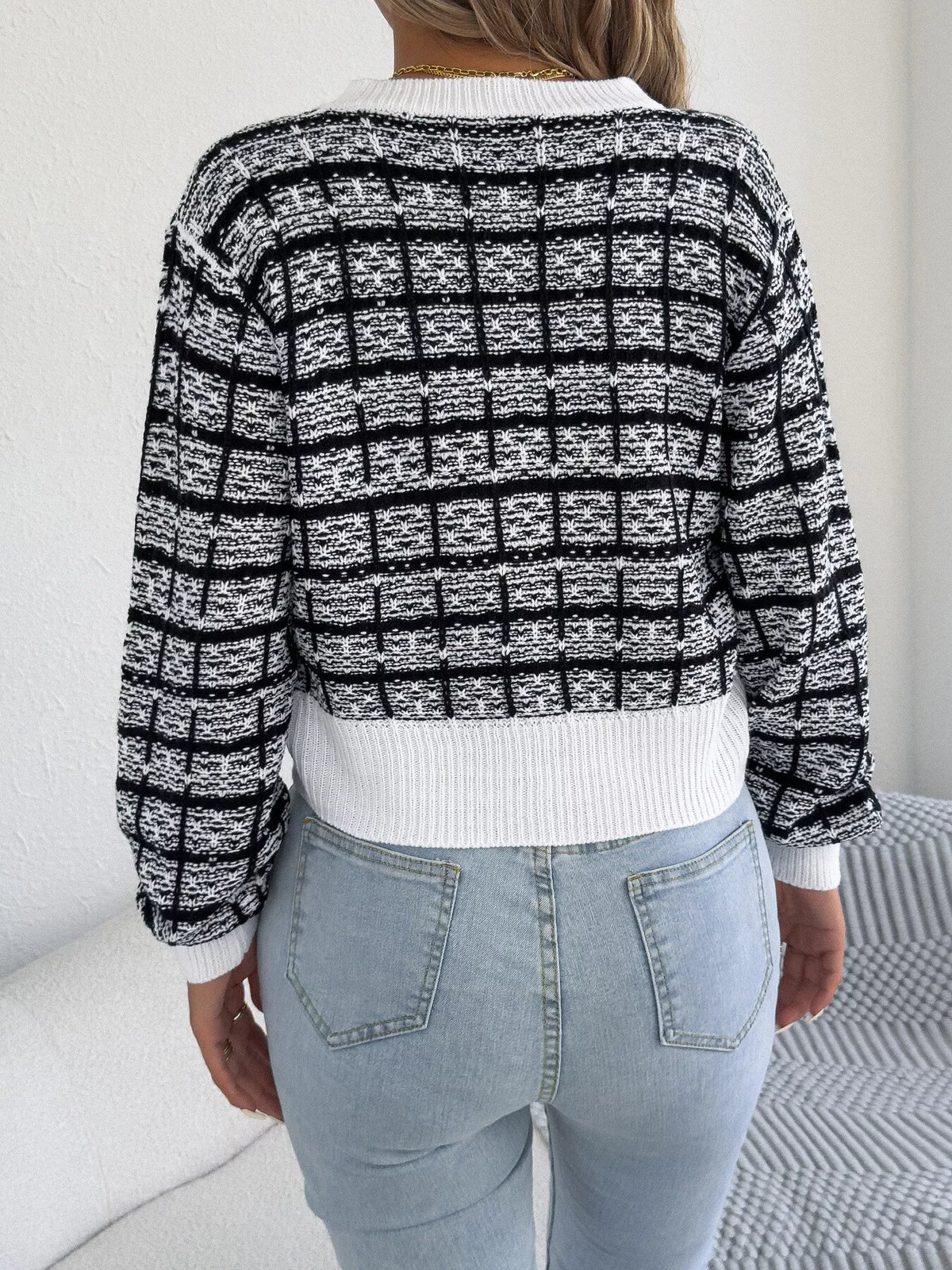 Plaid tweed-style knit cardigan, back view