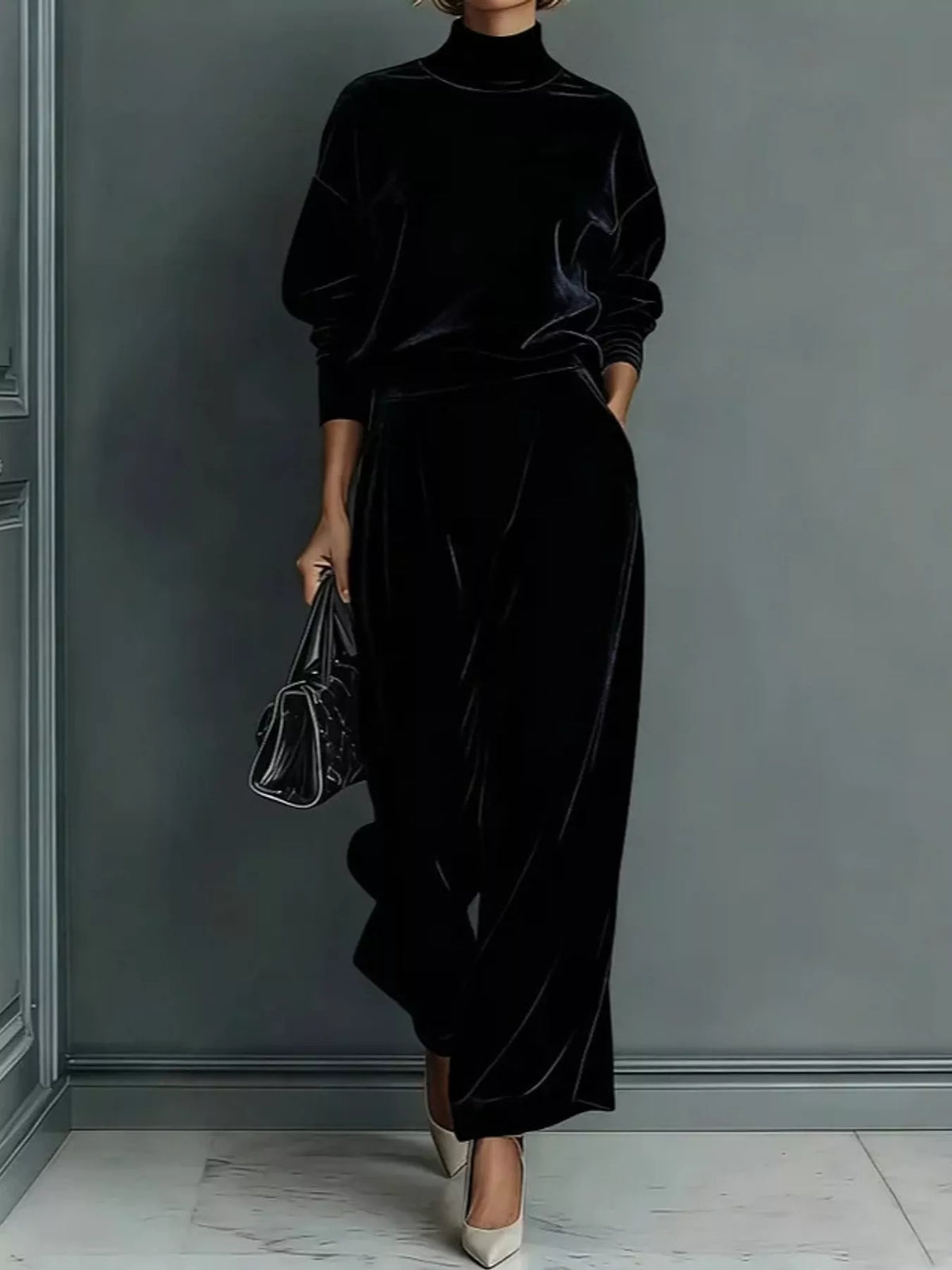 Black velvet mock neck top and wide-leg pants set