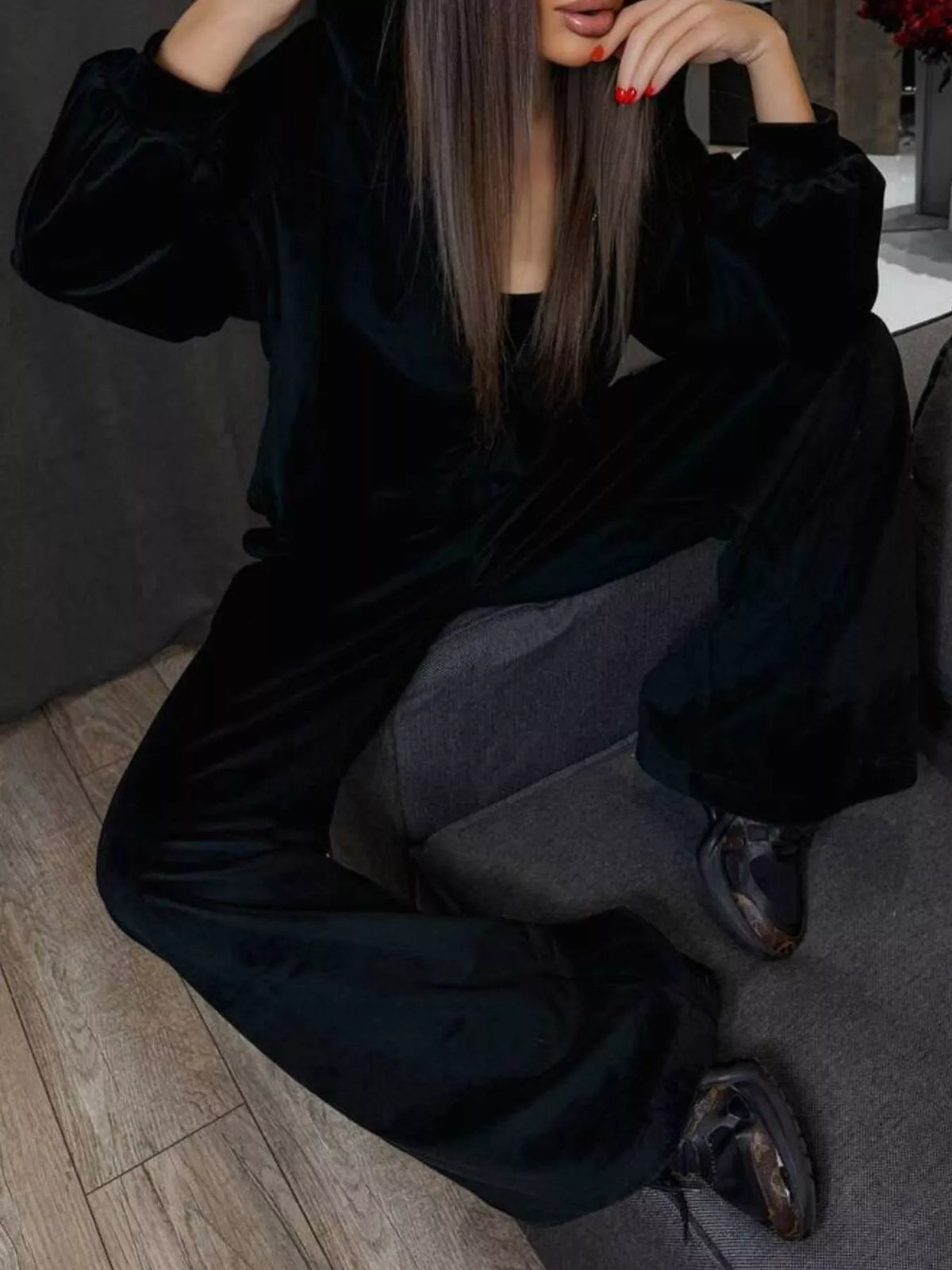 Trendsi Zip Up Hoodie and Wide-Leg Pants Set -