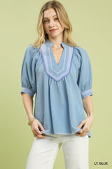 Trendsi Umgee Textured Jacquard Contrast Trim Top -
