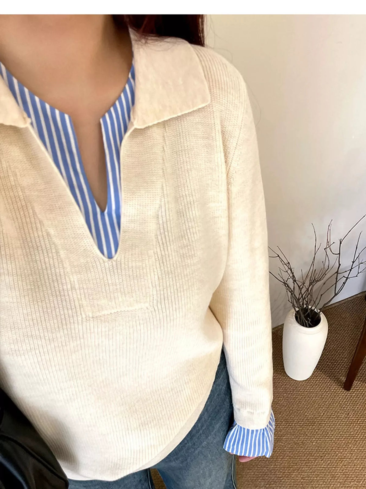 Cream layered look striped sweater, collar and striped cuff insert