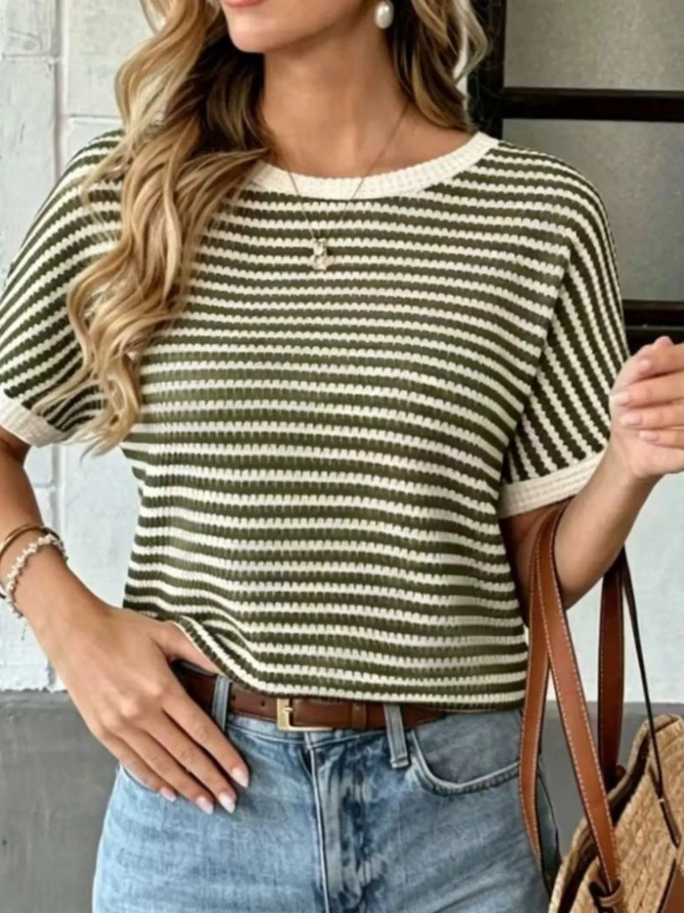 Trendsi Striped Knit Relaxed Fit T-Shirt -