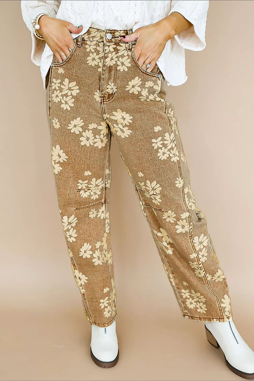 Trendsi Floral Print Metal Button Pleated Straight Leg Jeans -