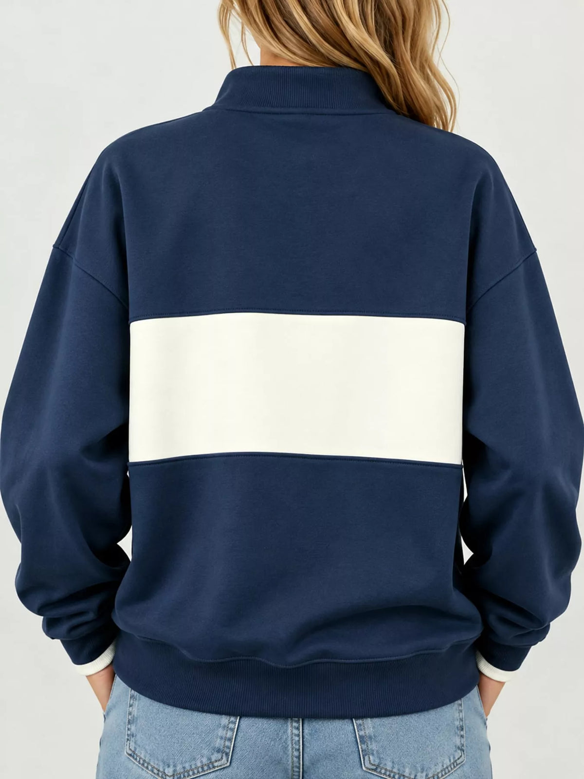 Navy and cream color block snap-button sweatshirt, back view