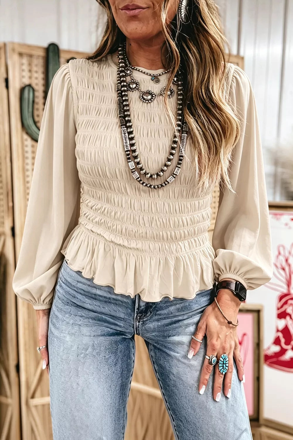 Trendsi Smocked Balloon Sleeve Peplum Blouse -