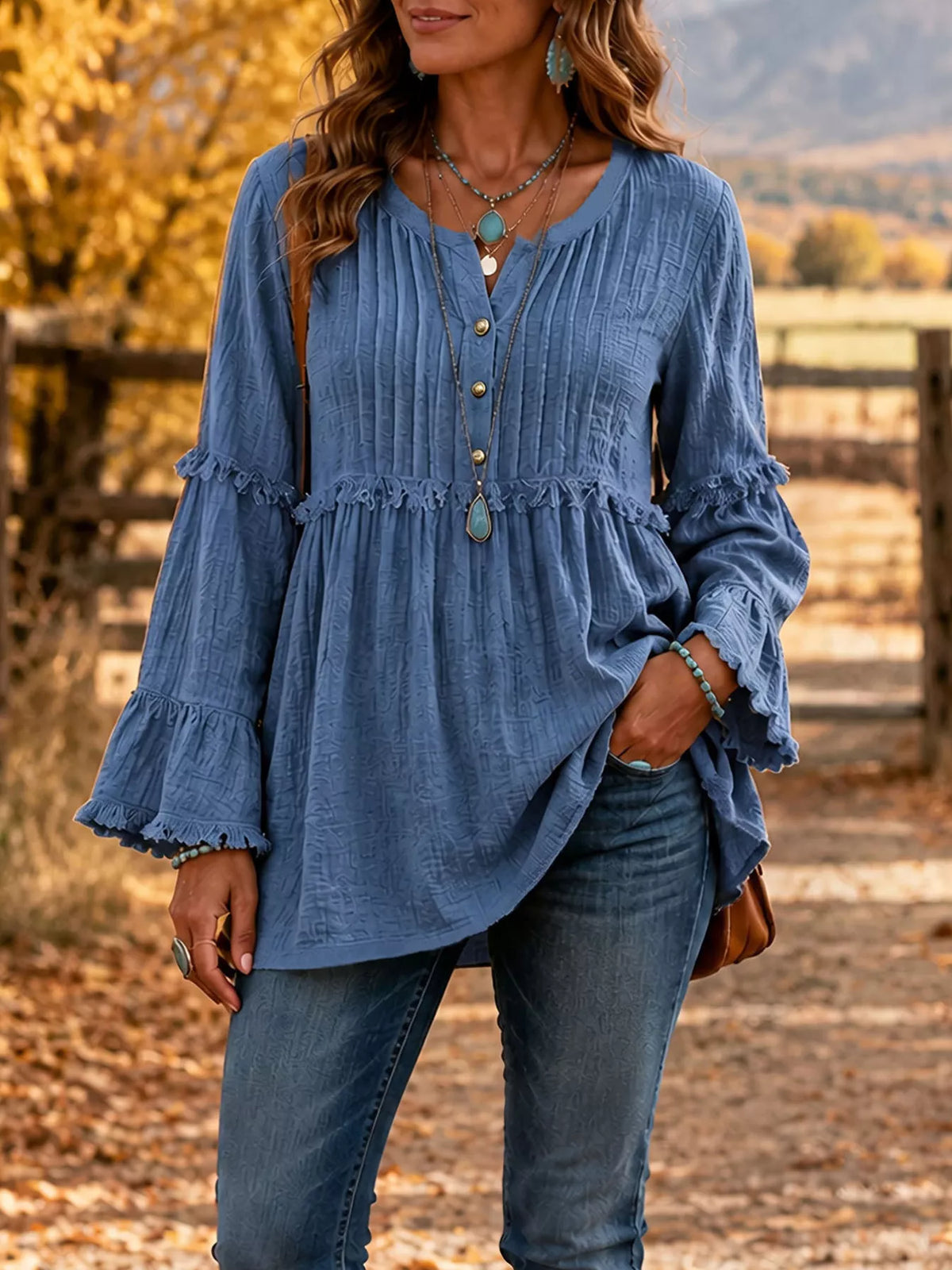 Trendsi Full Size Frill Notched Long Sleeve Blouse Plus Size -