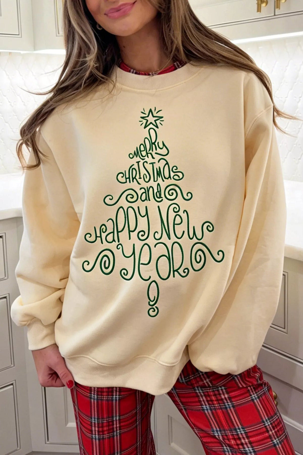 Cream Christmas tree merry christmas and happy new year sweatshirt — front view