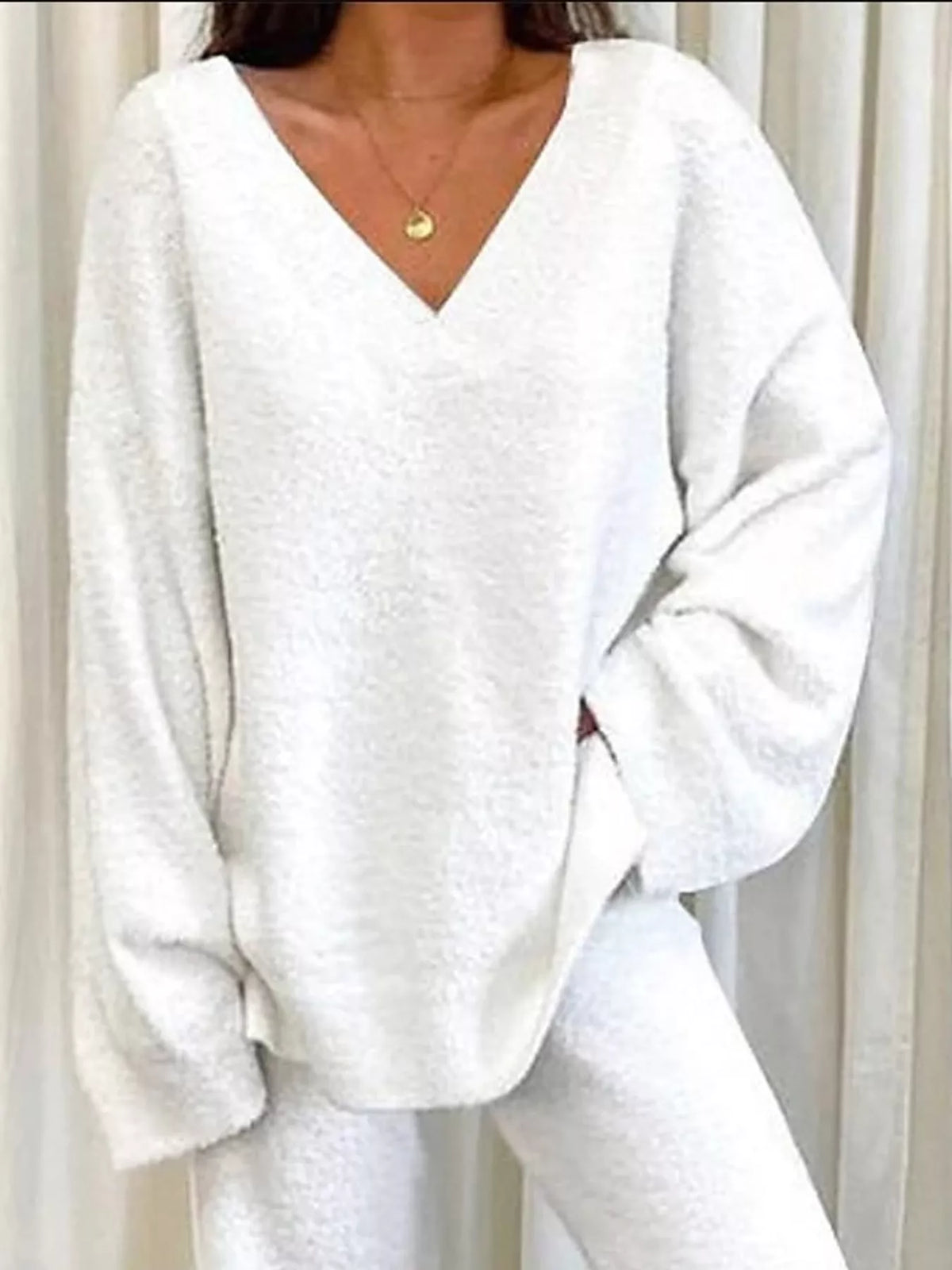 V-Neck Top and Wide Leg Pants Lounge Set in white