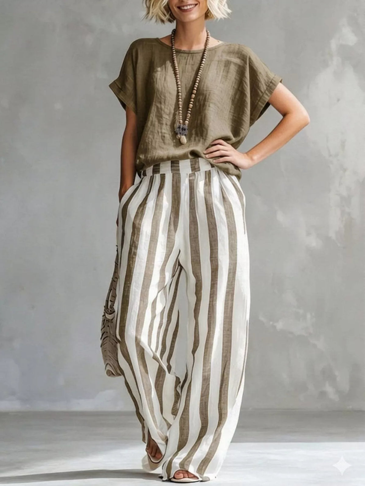 Taupe short sleeve top and wide-leg pants set — front view