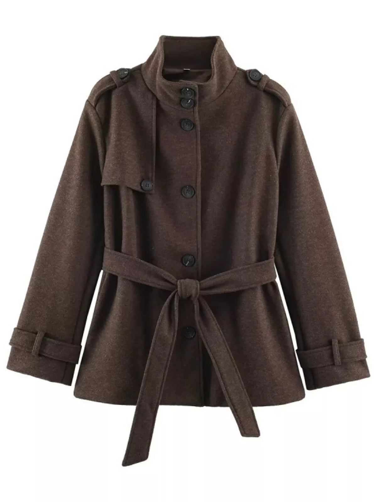 Stand-Collar Belted Button-Down Jacket — garment front