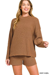 Trendsi Zenana Round Neck Knit Top and Shorts Sweater Set -