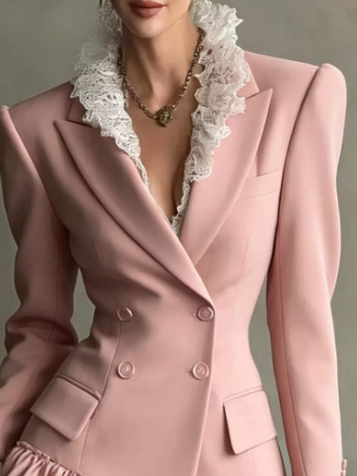 Pink lace trim blazer dress, detail view
