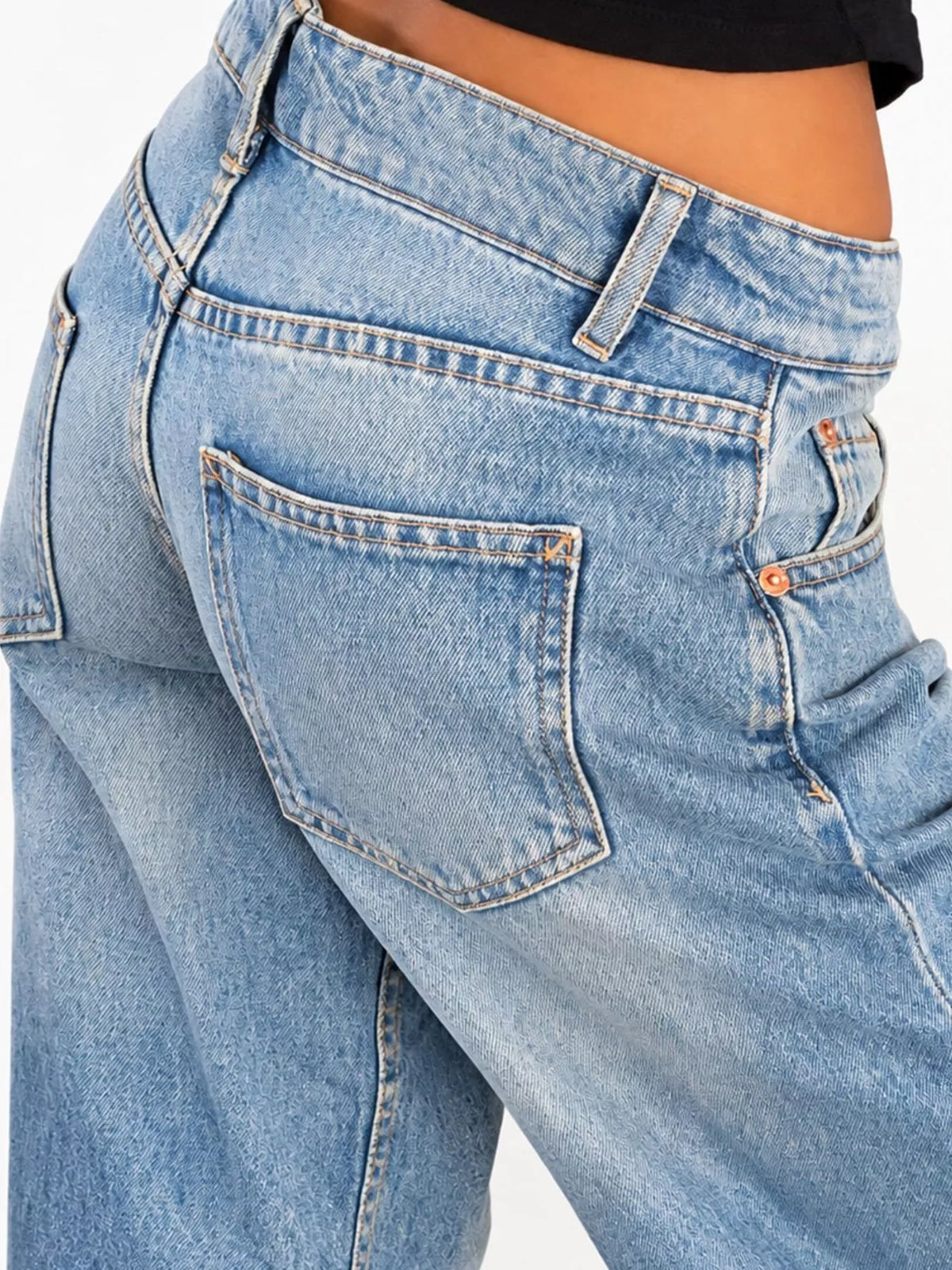 Vintage Wash Low-Rise Wide-Leg Jeans — construction details