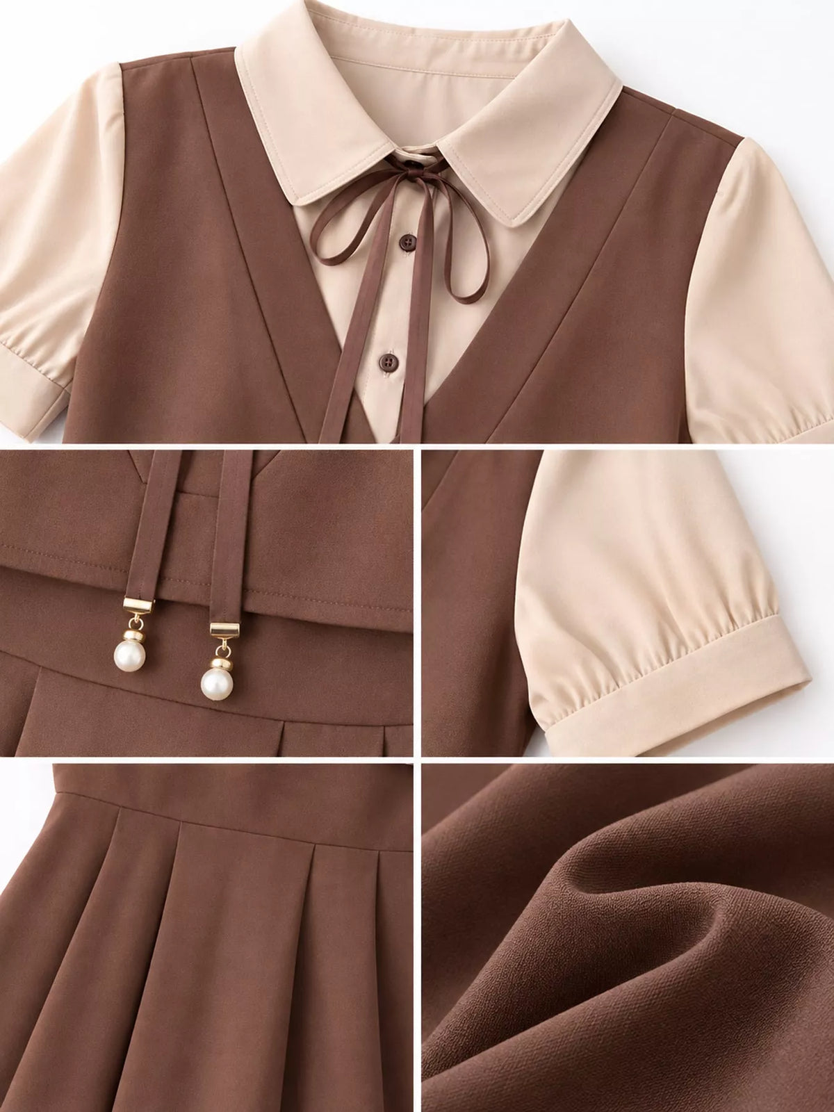 Women's Contrast Short Sleeve Pleated Midi Dress in brown — detail collage view