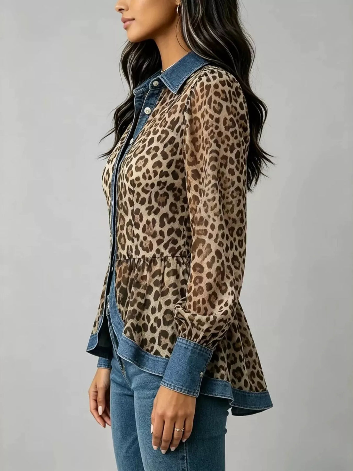 Brown and blue leopard shirt with contrasting trim, side view
