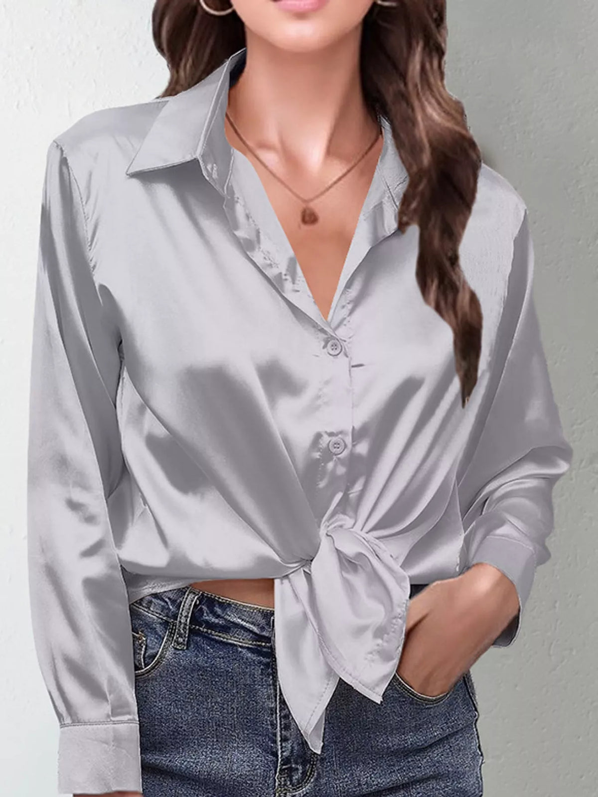 Gray satin button-down long sleeve shirt