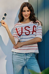Trendsi SO ME Usa Stripe Knit Short Sleeves Sweater Top -