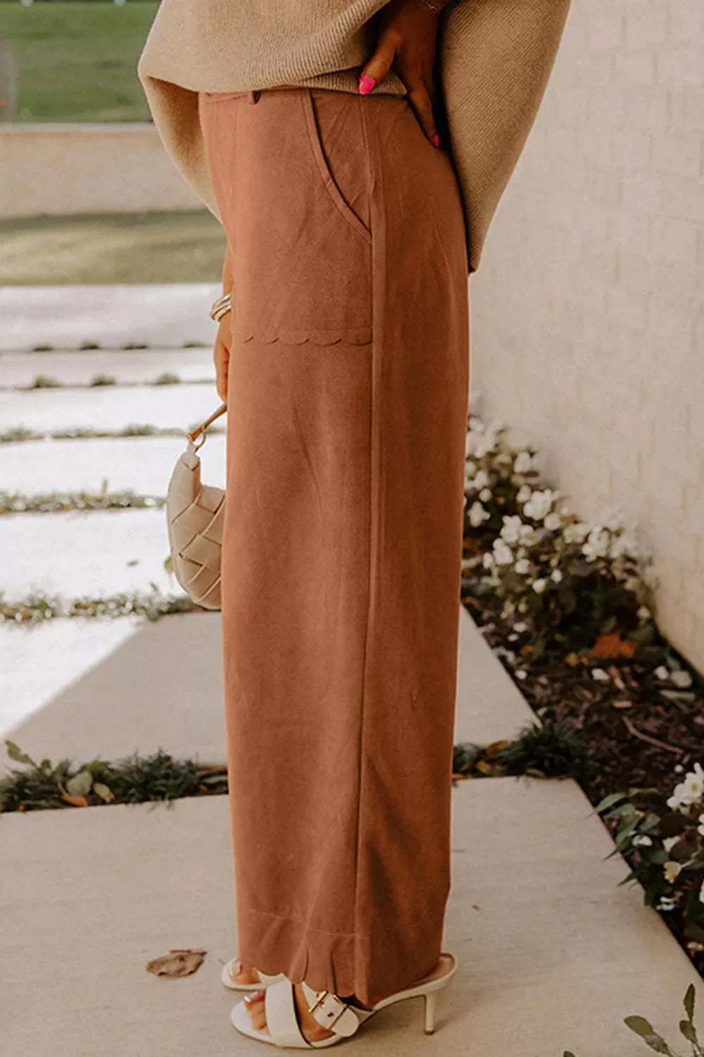 Brown scalloped-pocket wide-leg pants, side view