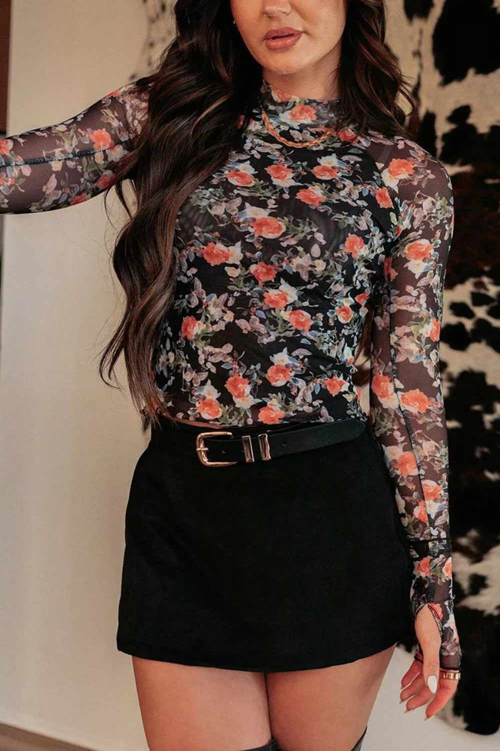 Trendsi Floral Print Mesh Mock Neck Long Sleeve Blouse -