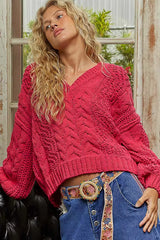 Trendsi POL Cable-Knit Solid V-Neck Cropped Sweater -