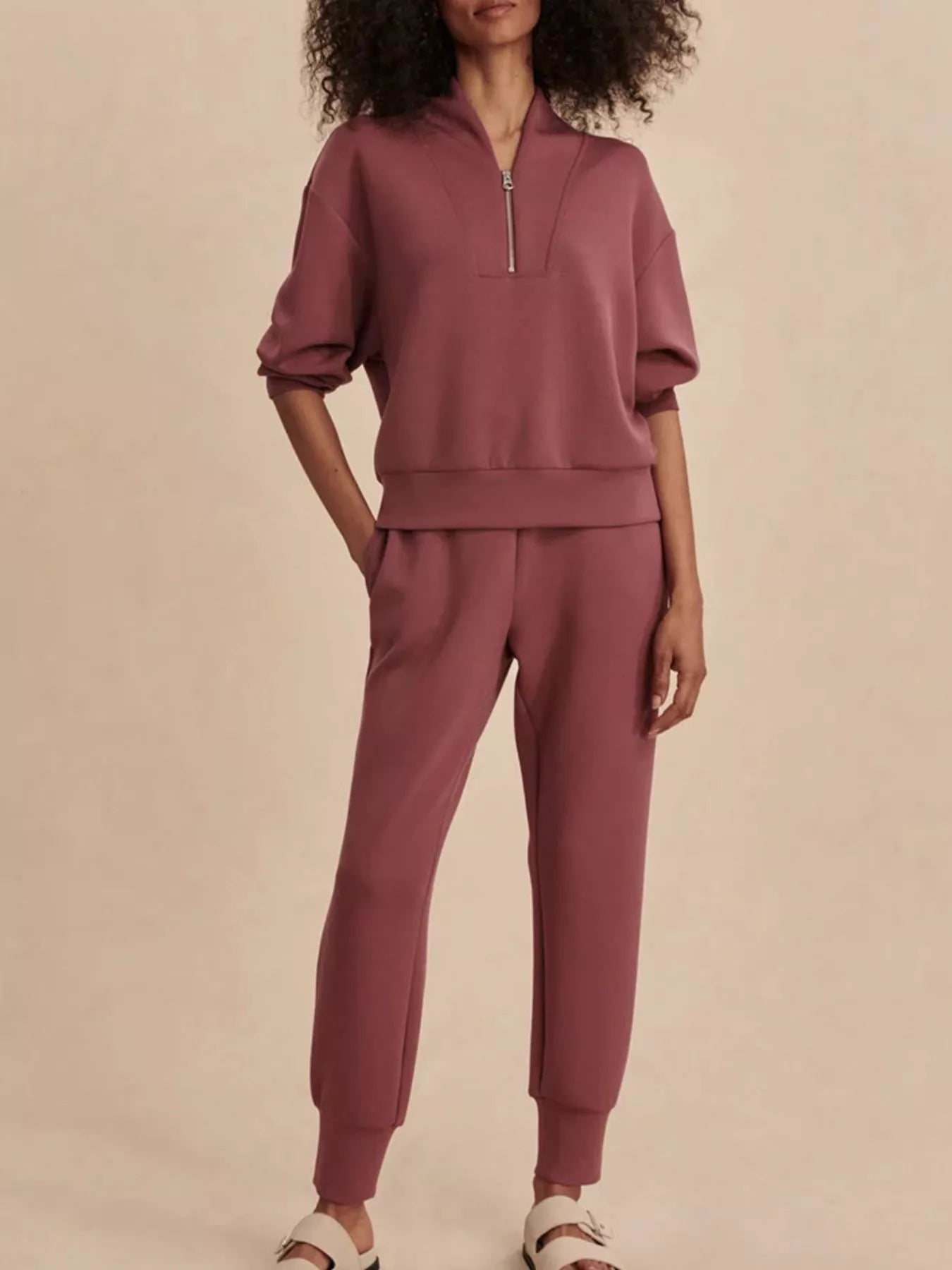 Trendsi Quarter-Zip Sweatshirt and Wide-Leg Pants Set -