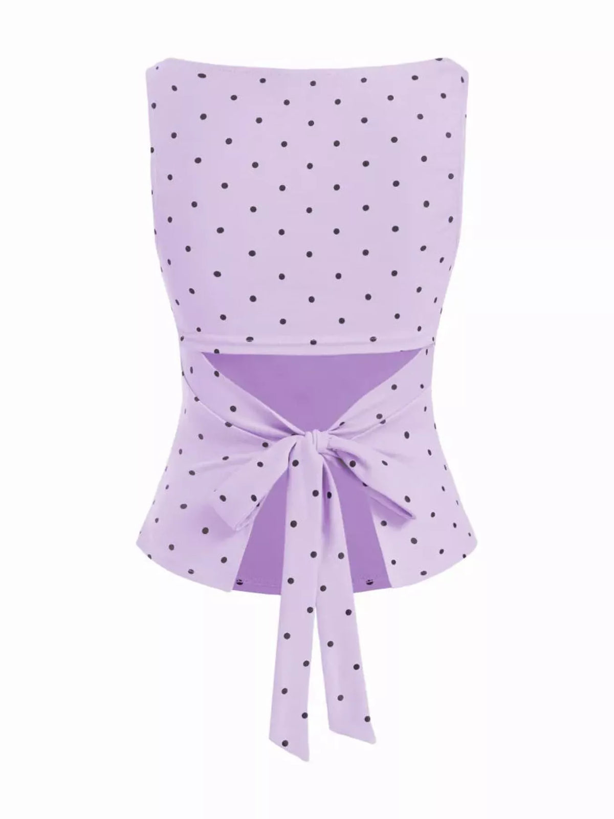 Polka Dot Print Sleeveless Tank Top with Tie Back, back view in light purple and black