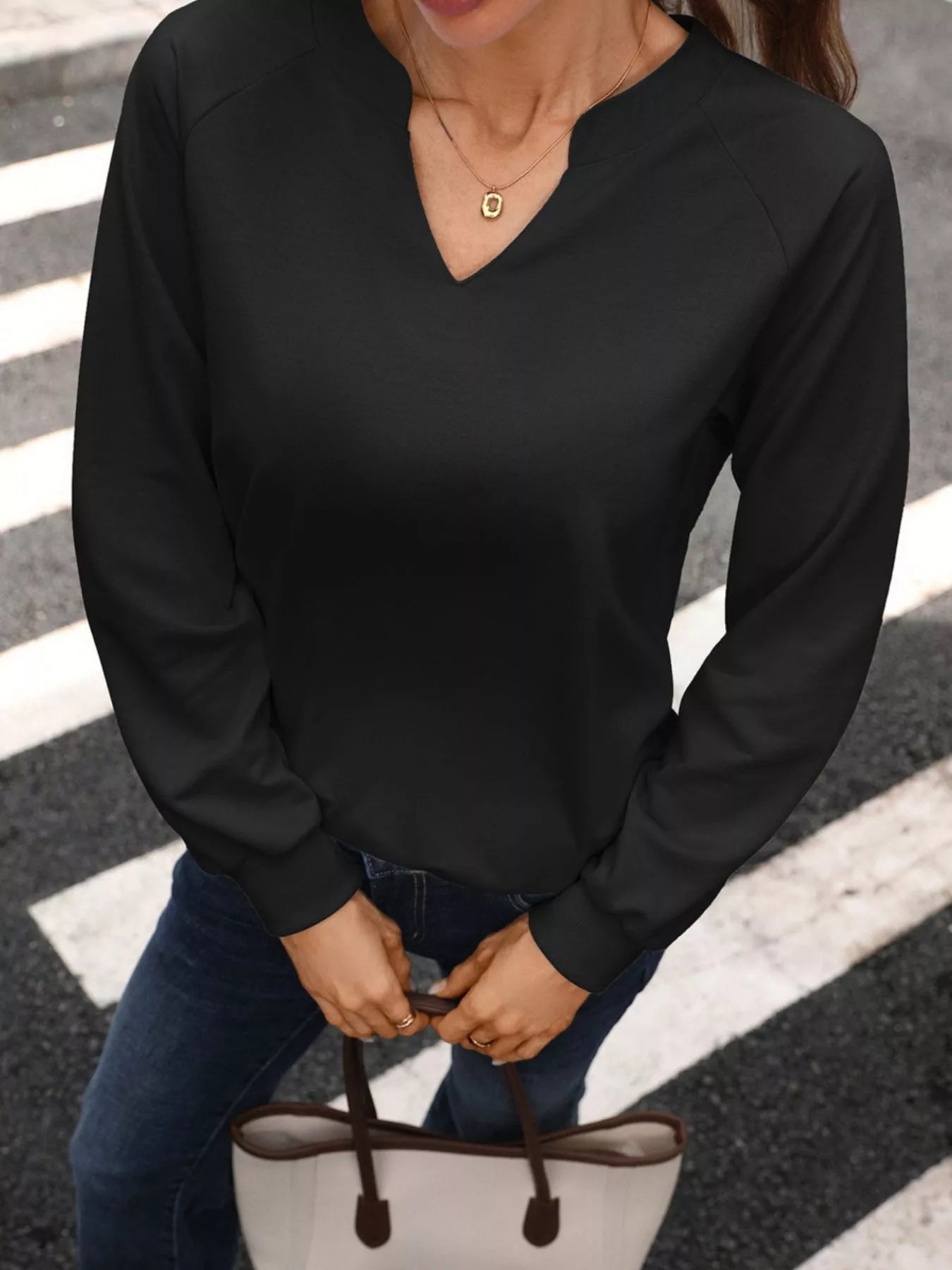 Trendsi Notched Raglan Sleeve Sweatshirt -