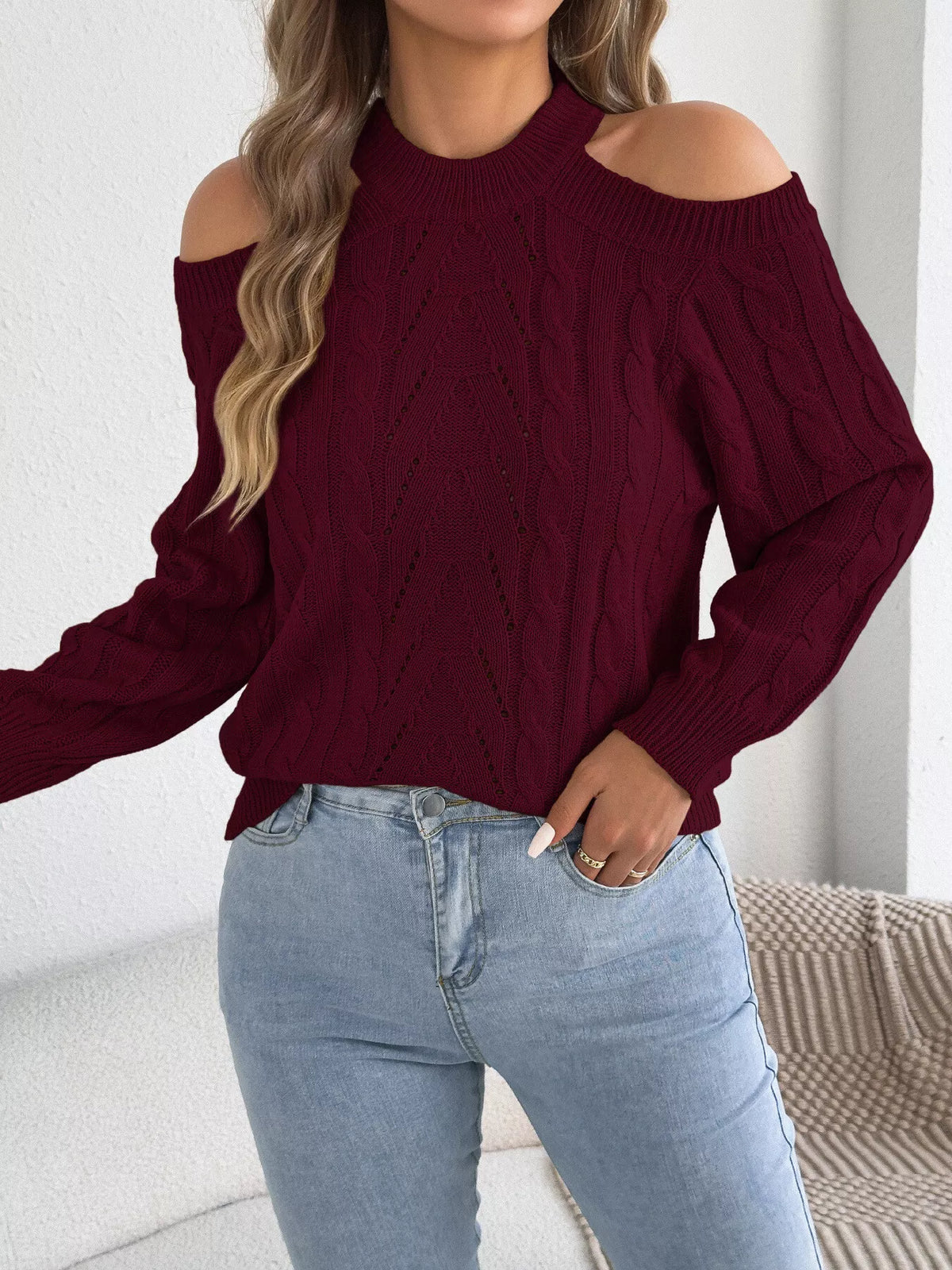 Cold Shoulder Cable Knit Sweater in burgundy, front view